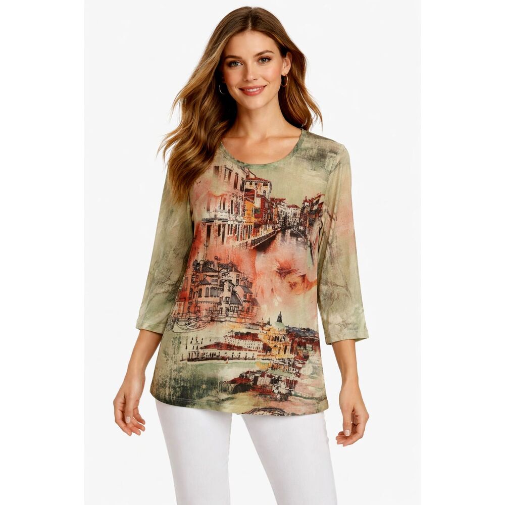 Christopher & Banks Venice Print 3/4 Sleeve Top Size Small Scenic Graphic Tee